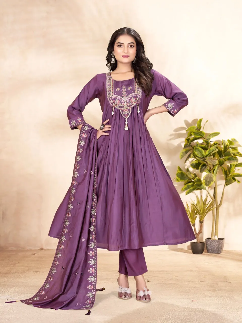 Lila 139 Wine Anarkali Kurti Roman Silk Fabric Readymade Dress