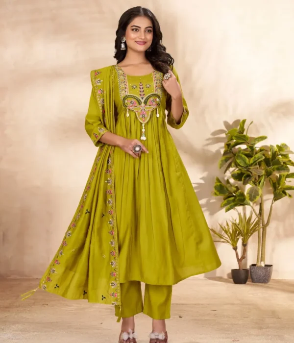 Lila 139 Parrot Green Mehandi Function Anarkali Kurti Roman Silk Readymade Dress