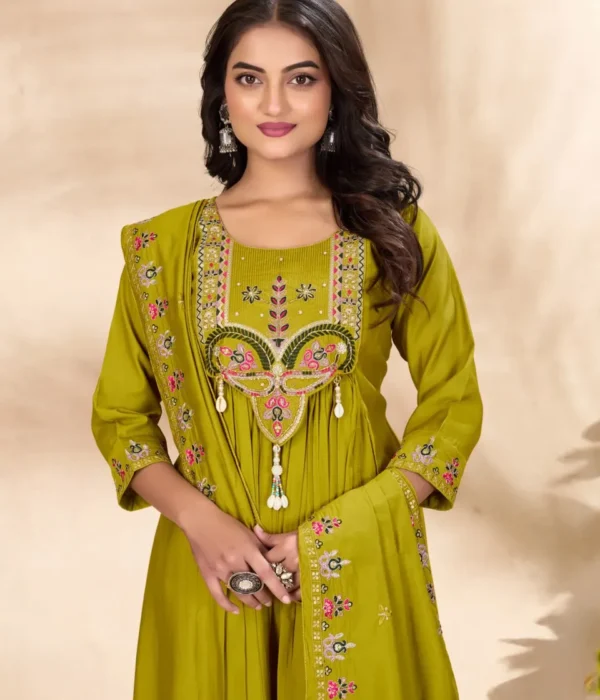 Lila 139 Parrot Green Mehandi Function Anarkali Kurti Roman Silk Readymade Dress