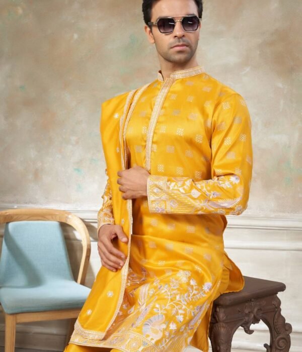 Shyam Vol 81 Pure Silk Yellow Wedding Kurta Pajama With Dupatta