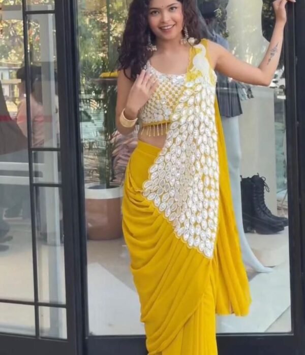 Madhuri 238 Georgette yellow Ready To Wear Saree With Embroidery Work