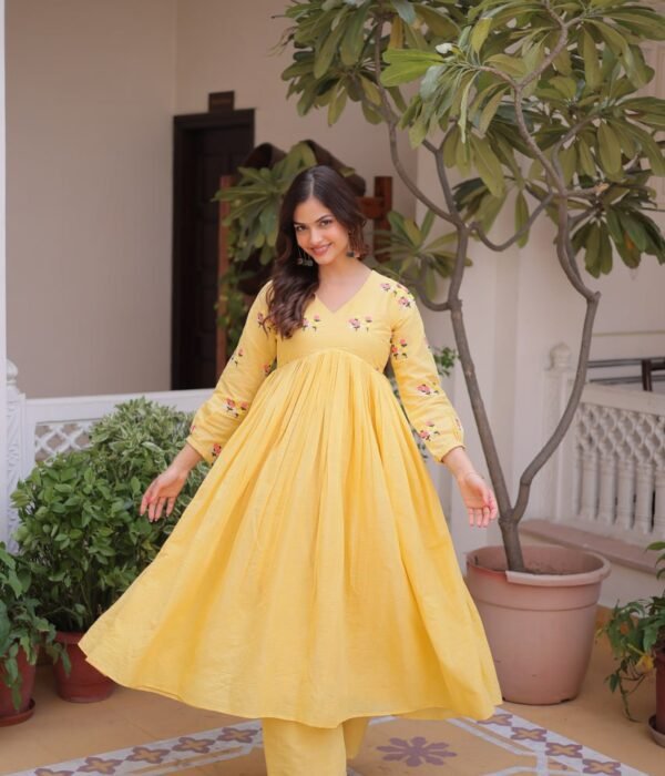 Moni 1236 Yellow Cotton Embroidery Anarkali Kurti With Pant Collection