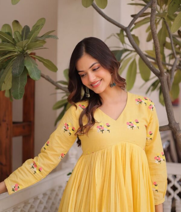 Moni 1236 Yellow Cotton Embroidery Anarkali Kurti With Pant Collection